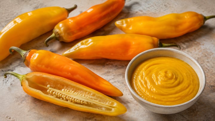 Frische Ají-amarillo-Schoten, ganz und aufgeschnitten, daneben ein Glas Ají-amarillo-Paste