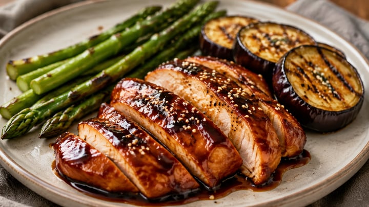 Pollo teriyaki laqueado con espárragos y berenjenas grilladas