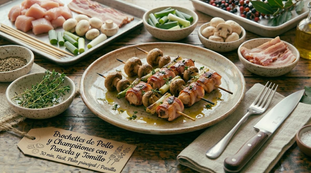 Brochettes de Pollo y Champiñones con Panceta y Tomillo
