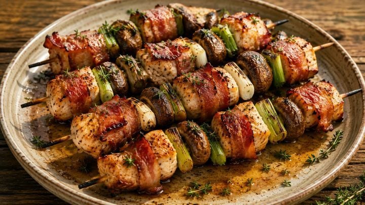 Espetinhos de Frango e Cogumelos com Bacon e Tomilho