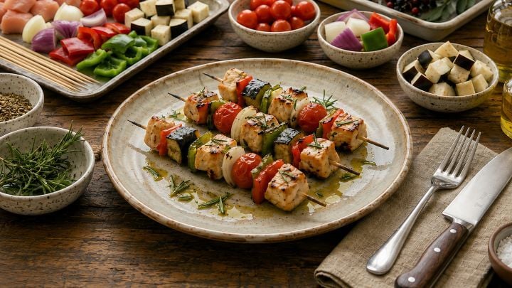 Espetinhos de Frango e Vegetais Arco-Íris com Alecrim