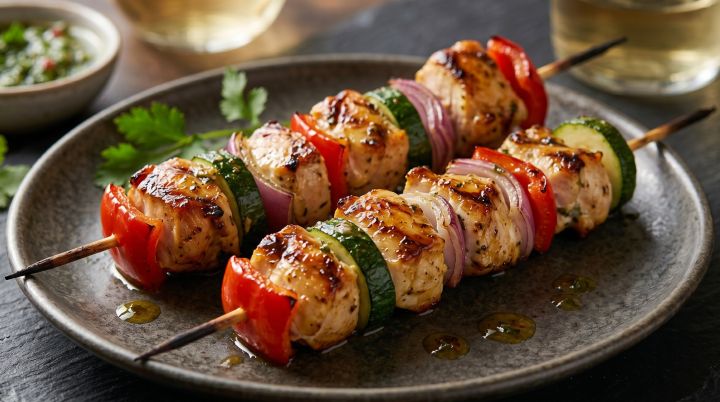 Espetinhos de Frango Marinado e Vegetais