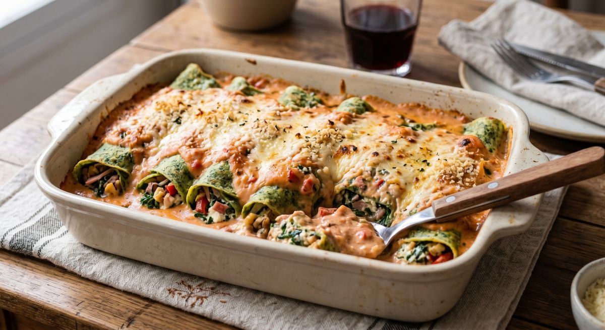 Canelones de Espinaca, Jamón y Ricota con Salsa Rosa
