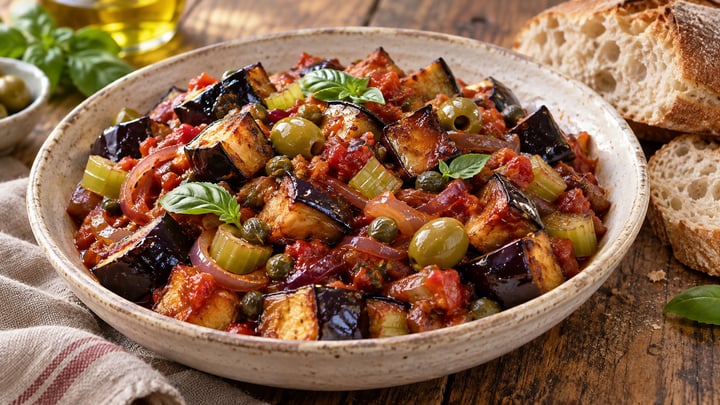 Siciliansk caponata: gyldne aubergineterninger med selleri, grønne oliven, kapers og basilikum