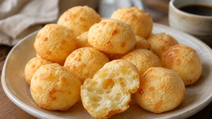 Pão de queijo brasileño recién horneado, con miga aireada y elástica