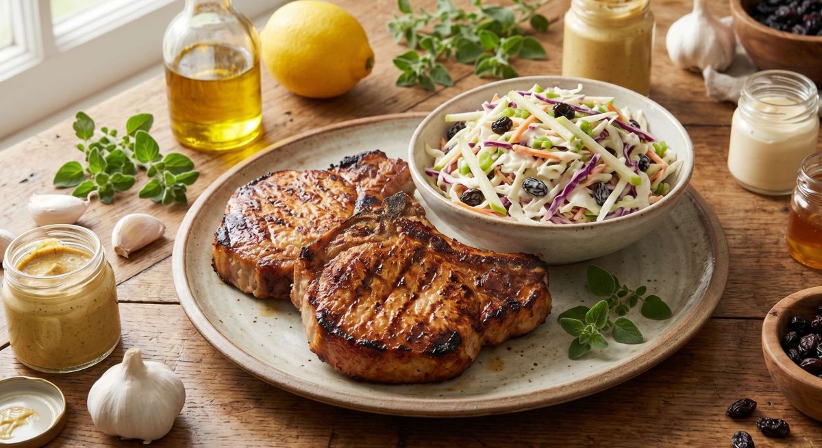 Costelas de Porco Marinadas com Salada Coleslaw