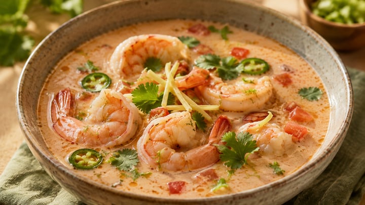 Sopa thai de langostinos con leche de coco, lima y cilantro