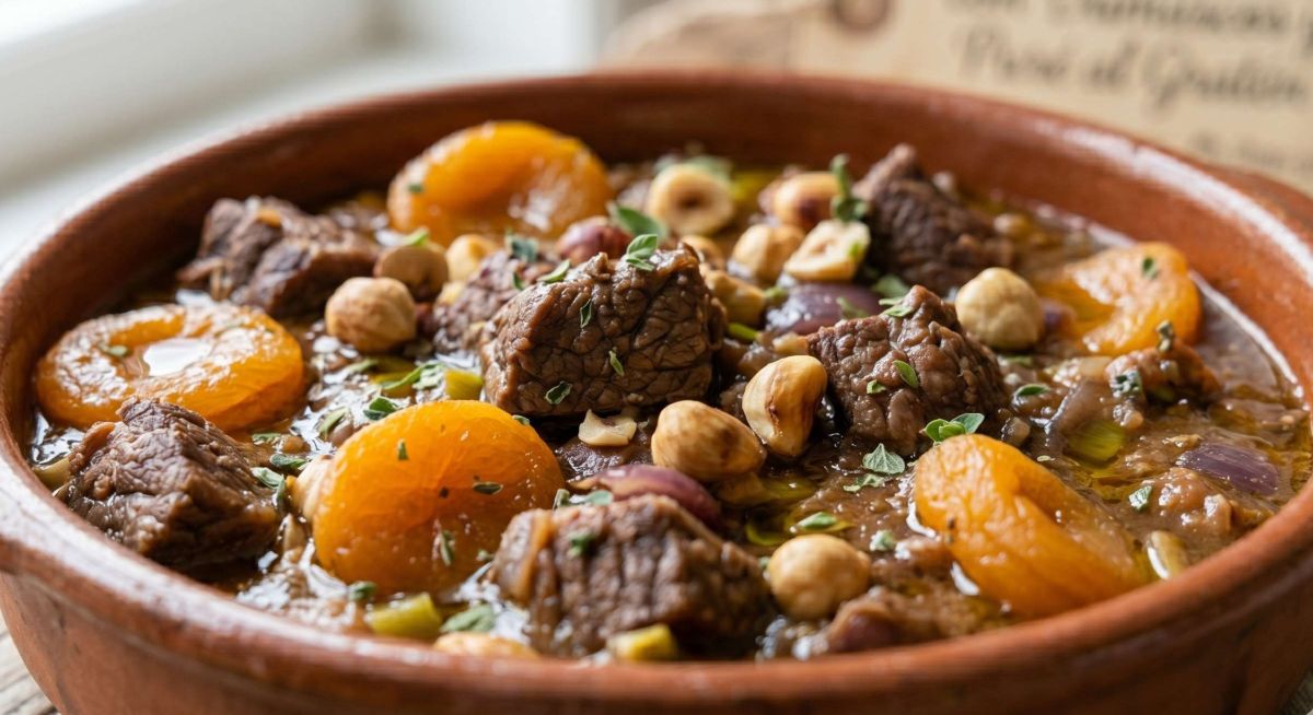 Ensopado de Vitela com Damascos e Purê Gratinado