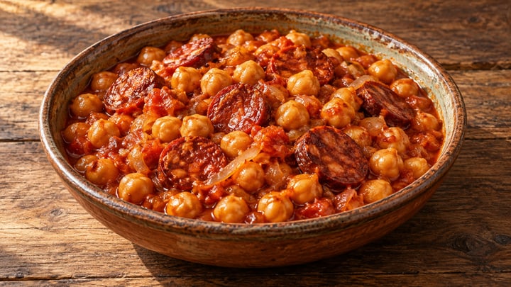 Stufato di ceci con rondelle di chorizo nel sugo di pomodoro, servito in una ciotola di terracotta