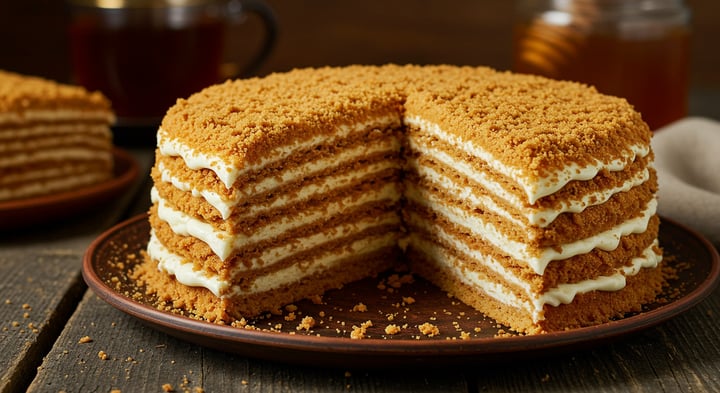 Medovik: Torta Rusa de Miel (Capas Finas y Crema Ácida)