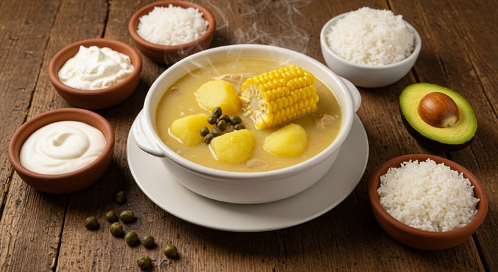 Plato de ajiaco santafereño con papas y un trozo de choclo, rodeado de crema, alcaparras, palta y arroz blanco