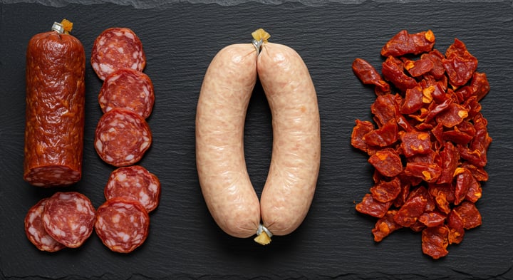 Tres embutidos sobre pizarra: a la izquierda chorizo español curado en fetas, al centro chorizo fresco crudo en tripa natural, a la derecha chorizo colorado seco en trozos