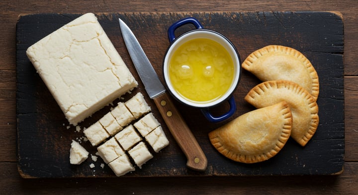 Block aus weißem, krümeligem Rindernierenfett auf einem Brett, teils gewürfelt, daneben ein Töpfchen mit ausgelassenem Fett und drei Empanadas