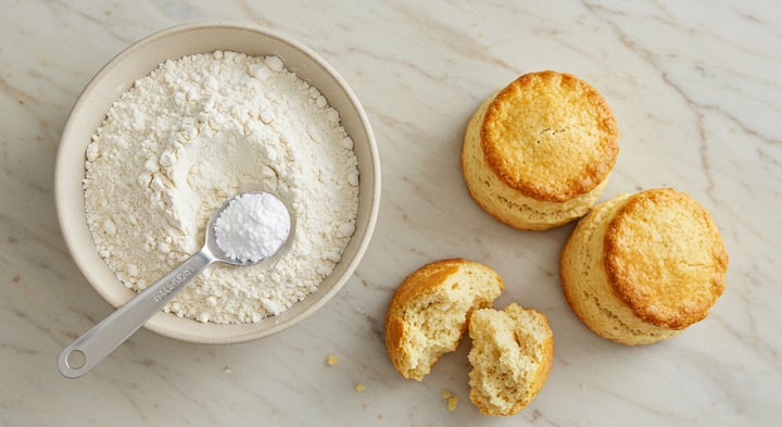 Schale mit weißem Mehl und einem Löffel Backpulver darauf, daneben drei goldbraune Scones, einer aufgebrochen mit lockerer Krume