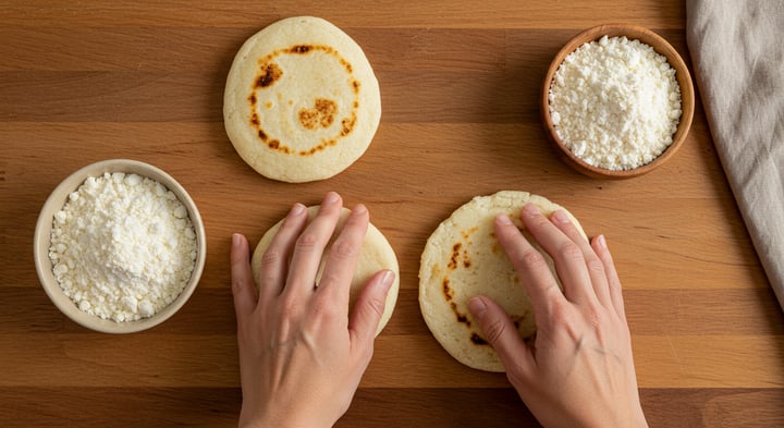 Hände formen eine weiße Maisteigscheibe auf einem Holztisch, daneben zwei Schalen vorgekochtes Maismehl und goldbraun gebackene Arepas