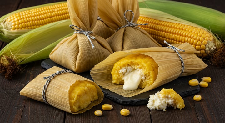 Humitas atadas en chala sobre una mesa de madera, una de ellas abierta mostrando la masa cremosa de choclo con queso