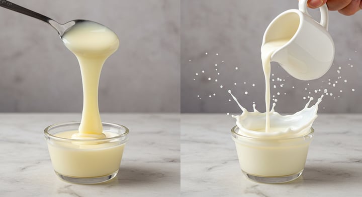 Vergleich zweier Milchsorten: links ein dicker weißer Faden gezuckerter Kondensmilch, der vom Löffel fällt, rechts ein dünner spritzender Guss ungesüßter Kondensmilch