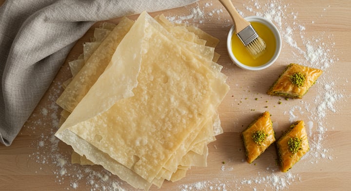 Stapel hauchdünner, durchscheinender Filoteigblätter mit dem obersten angehoben, daneben ein Backpinsel und eine Schale geschmolzene Butter sowie zwei Baklava-Rauten mit Pistazien