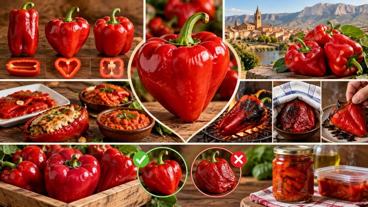 Calahorra pepper collage: red heart-shaped peppers whole and sliced, the town of Calahorra, gratin stuffed peppers, peppers roasted over embers and peeled, a firm pepper next to a wrinkled one, and roasted strips in a jar with oil