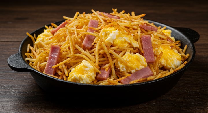 Revuelto gramajo en sartén de hierro: papas pajita crocantes mezcladas con tiras de jamón y huevos revueltos cremosos
