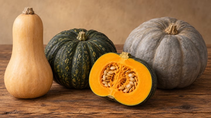 Une courge butternut, un potimarron vert et un gros potiron gris sur une table en bois, avec une moitié de potimarron coupée montrant la chair orange