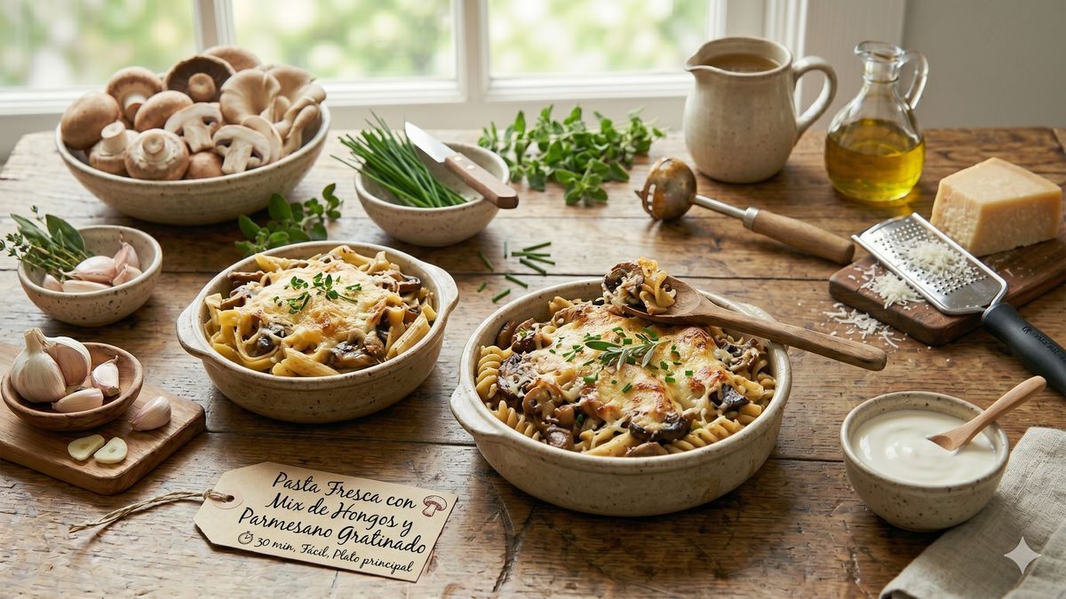 Pasta Fresca con Mix de Hongos y Parmesano Gratinado
