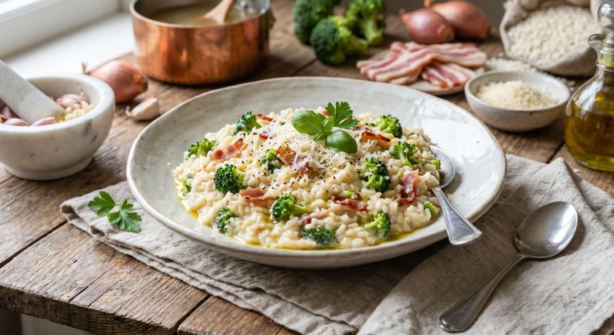 Risoto Cremoso de Brócolis, Panceta e Parmesão