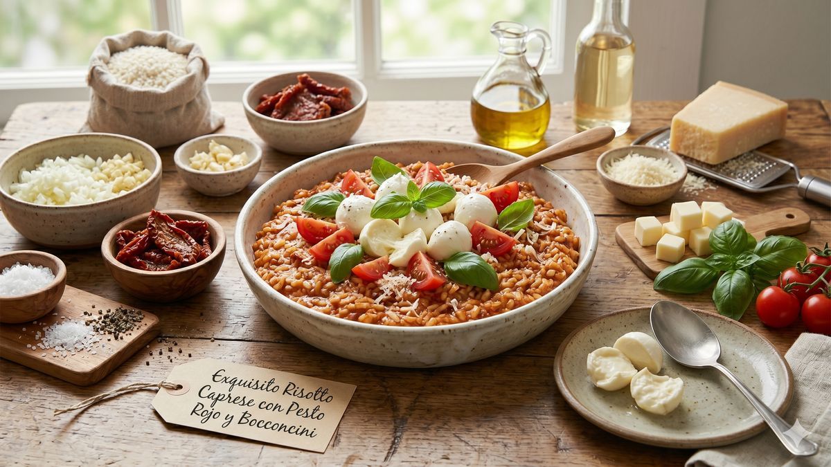 Risoto Caprese com Pesto Vermelho e Bocconcini
