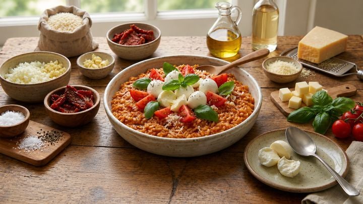 Risoto Caprese com Pesto Vermelho e Bocconcini