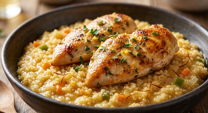 Risoto de Quinoa ao Açafrão com Filés de Frango