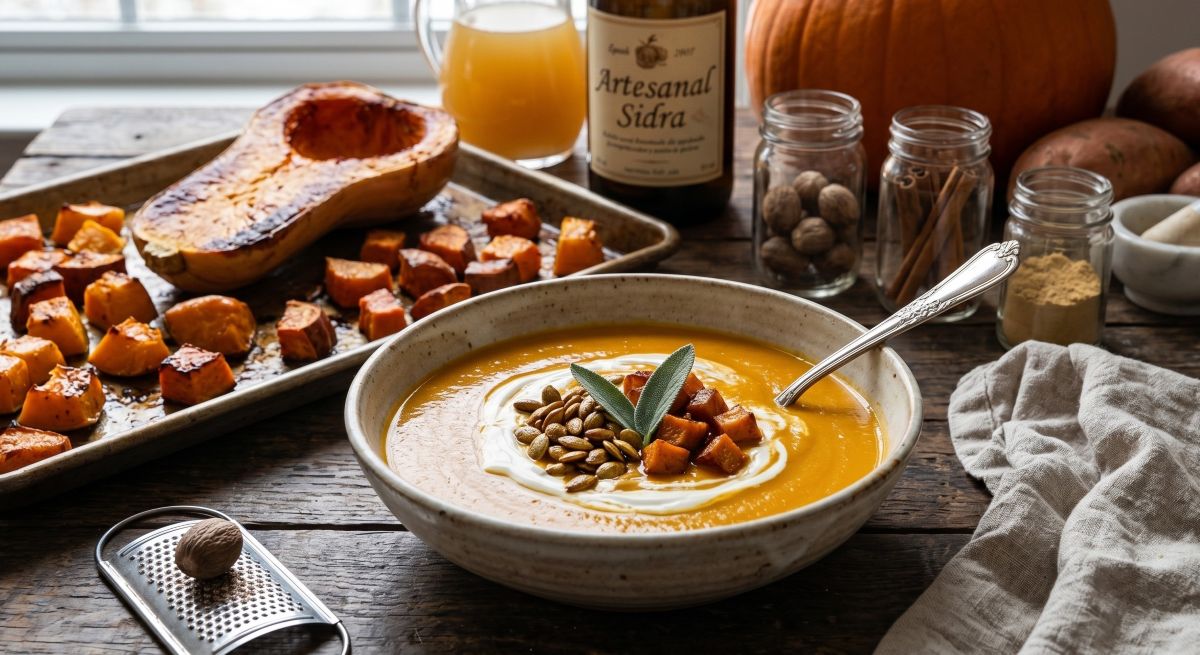 Sopa de Abóbora Assada e Batata-doce Caramelizada