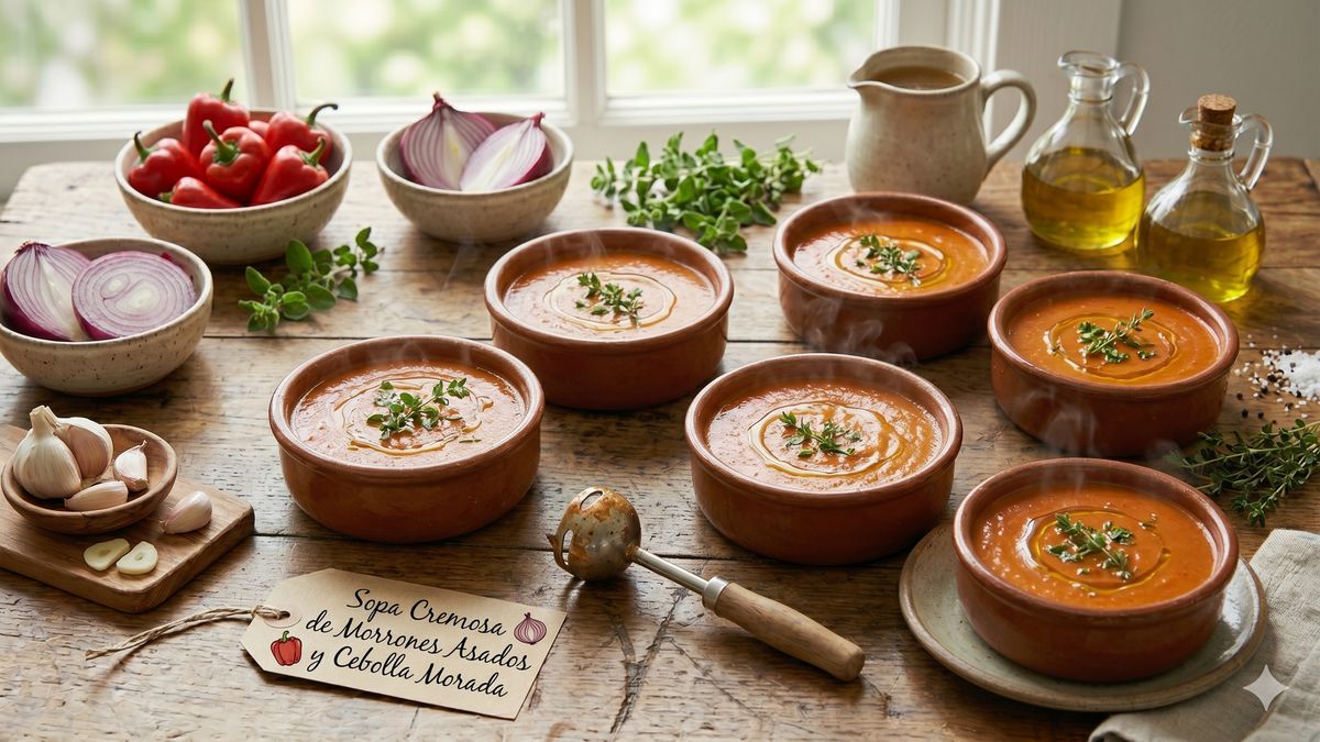 Sopa Cremosa de Morrones Asados y Cebolla Morada