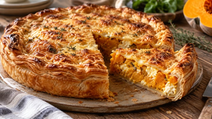 Torta salata di zucca tra due sfoglie, con mascarpone e formaggio gratinato