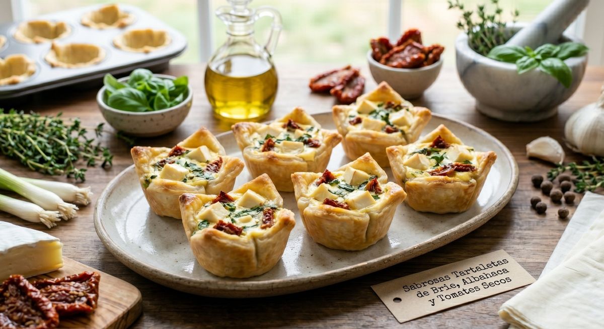 Tartaletes Saborosas de Brie, Manjericão e Tomates Secos