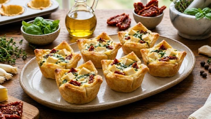 Savoureuses tartelettes au brie, basilic et tomates séchées