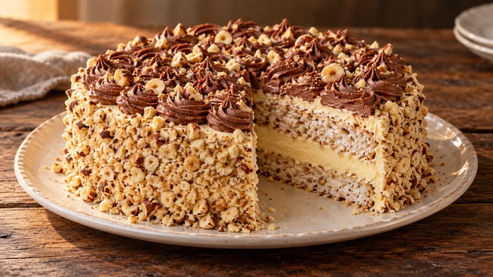 Kyiv-kage med hasselnødder og marengskrummer langs siden, rosetter af chokoladecreme på toppen og et udskåret stykke med marengs og lys creme