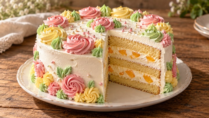 Gâteau Skazka couvert de crème blanche et décoré de rosaces et de feuilles de crème rose, verte et jaune, avec une part coupée qui montre la génoise à la vanille, la crème et les pêches